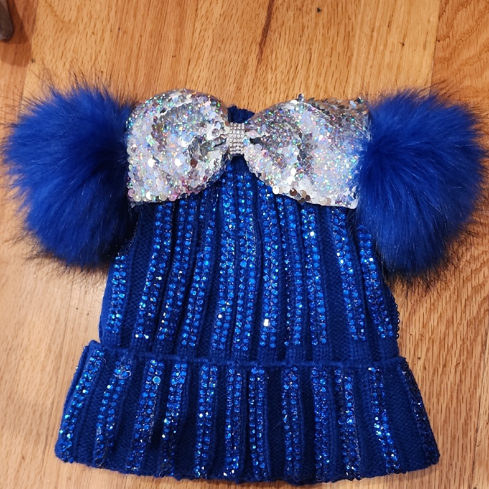 Blue Sequin Hat with Fur Pom Poms